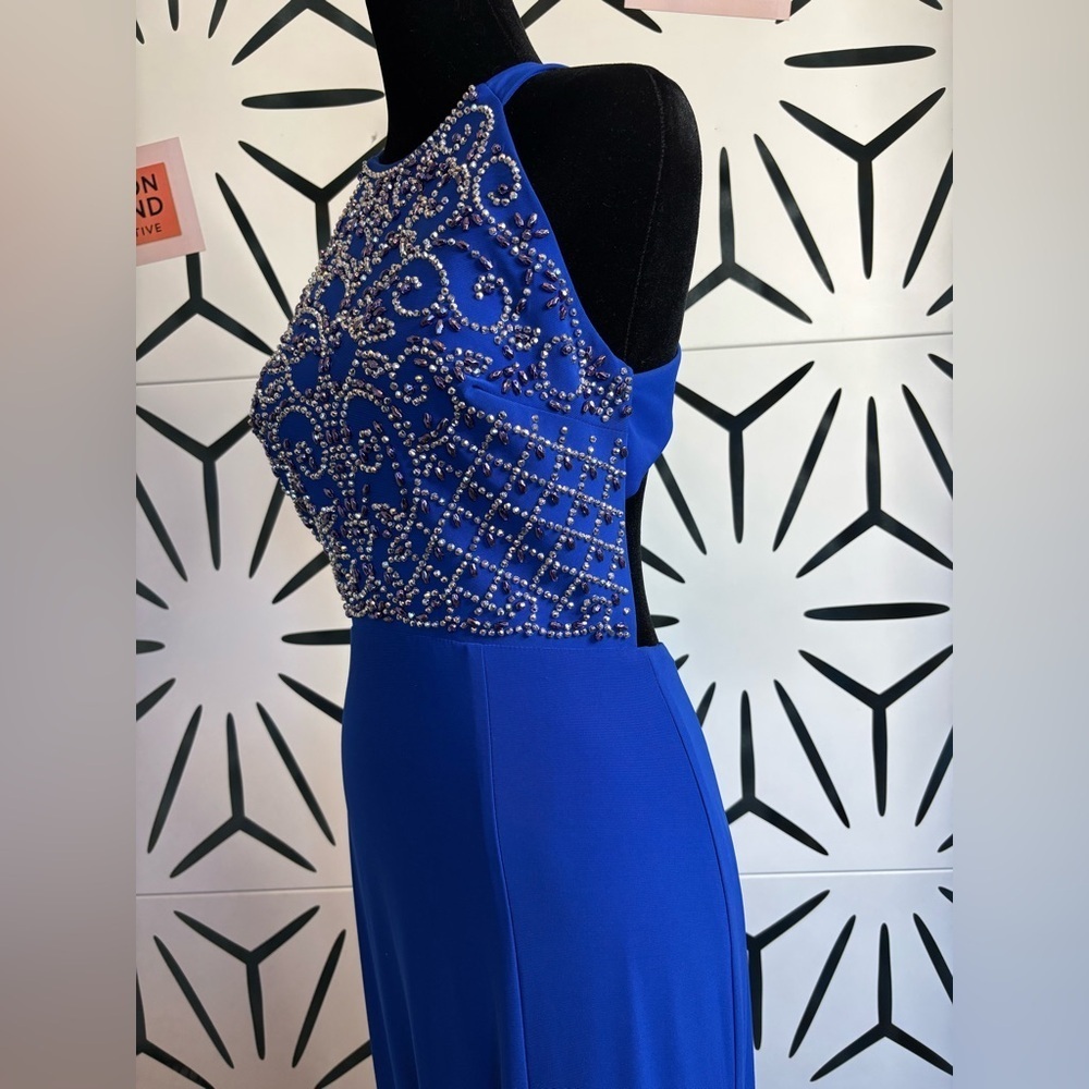 Morgan & Co Royal Blue Beaded Floor Length Gown w/ Side Slit – Sz 5/6 - Picture 10 of 12